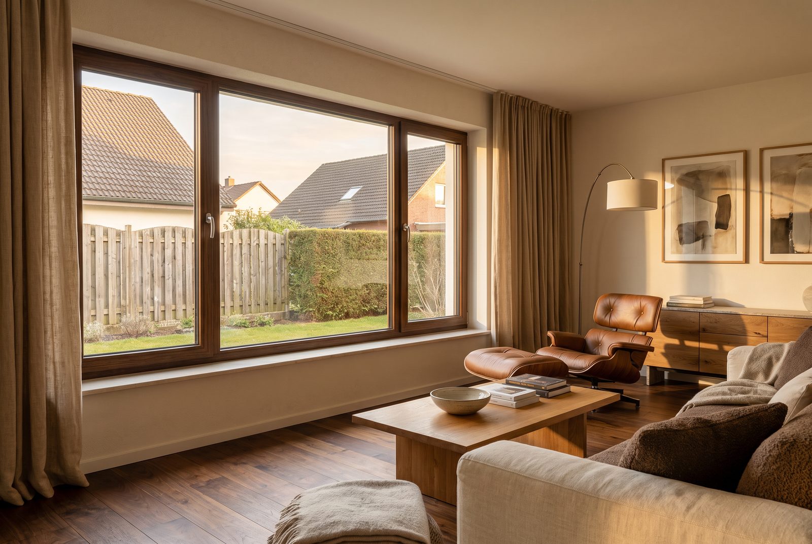 Fenster in Nussbaum an einer typischen Fassade — Wohnbeispiel