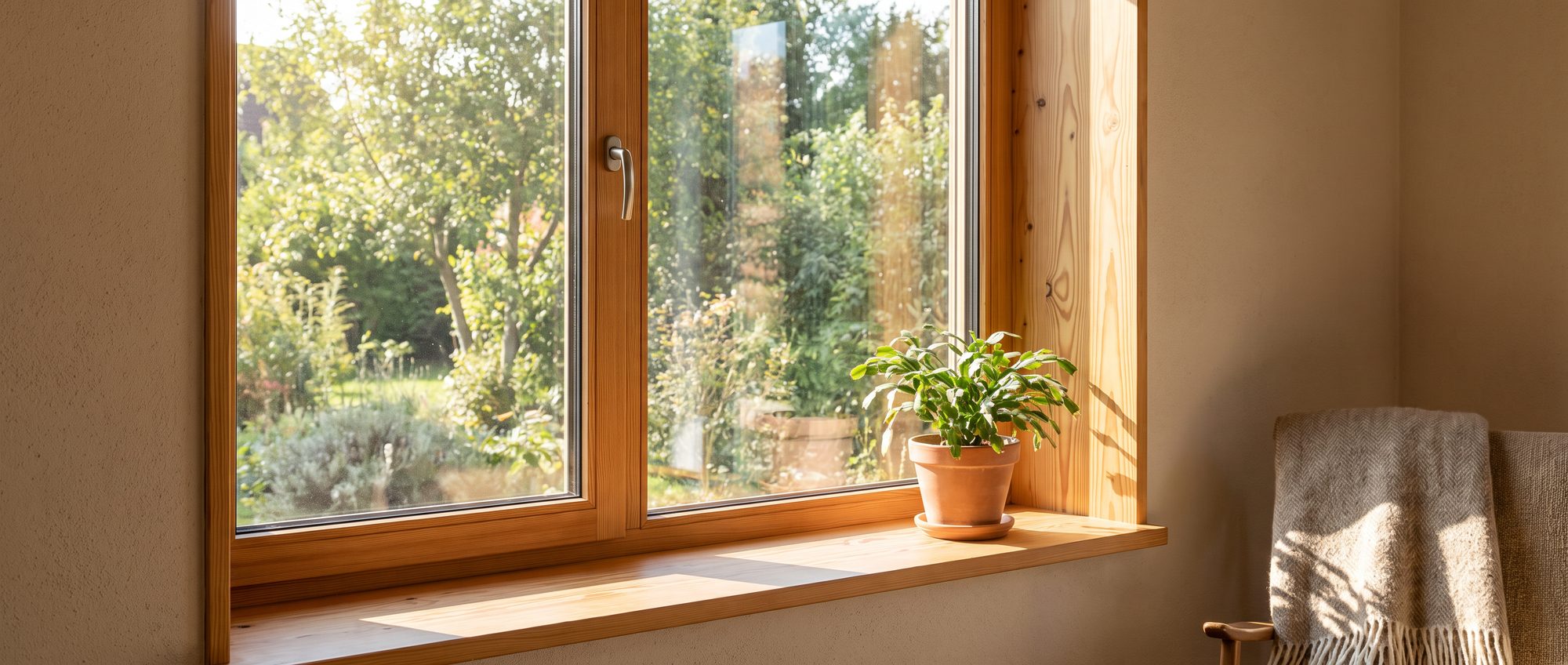 Warmes Holzfenster von innen mit sichtbarer Maserung und Blick in den Garten